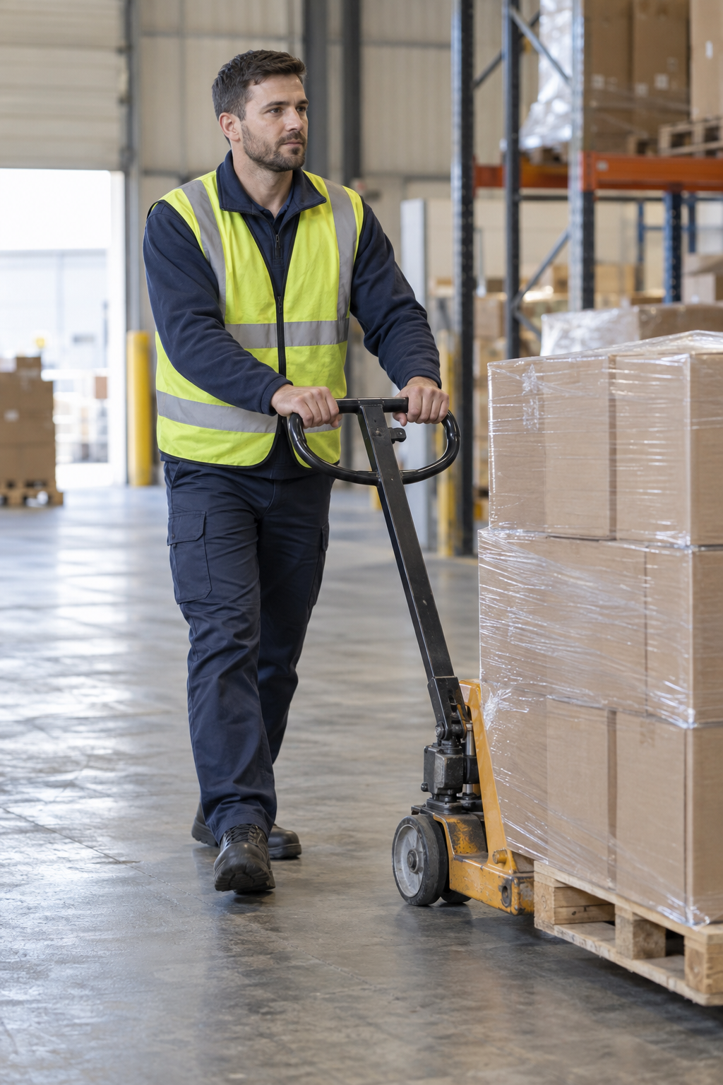 Warehouse worker guiding a manual pallet jack with wrapped cartons